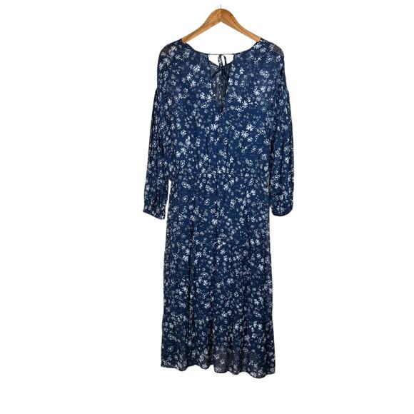 Free People Navy White Floral Long Sleeve Back Tie Blouson Bohemian Midi Dress - Picture 12 of 16